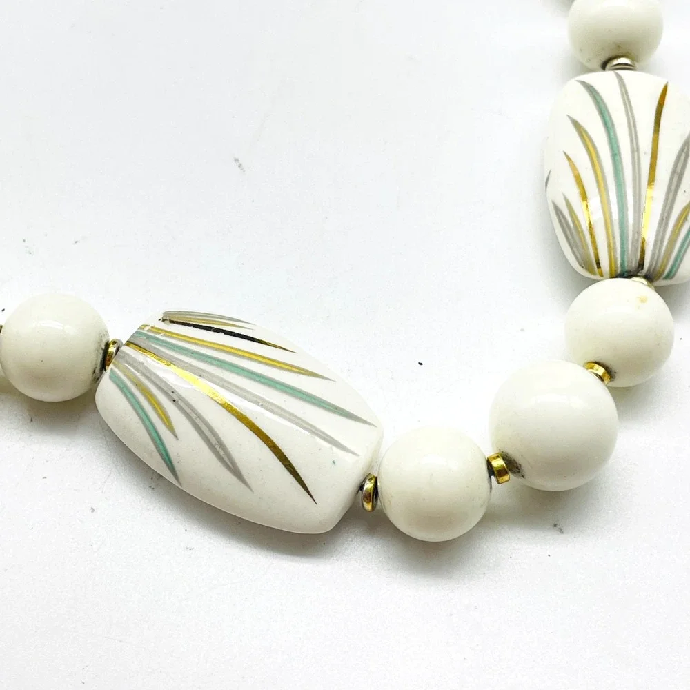 Vintage Japan Necklace White Painted Bead Oval Round Beads Mid Century Retro
